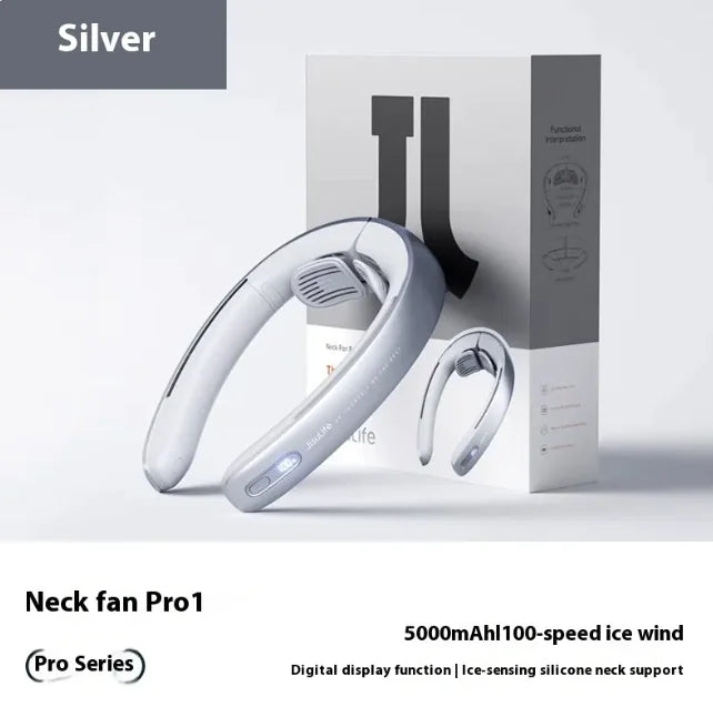 Hanging Neck Portable Rechargeable Fan, Silver Gray, 5000mAh